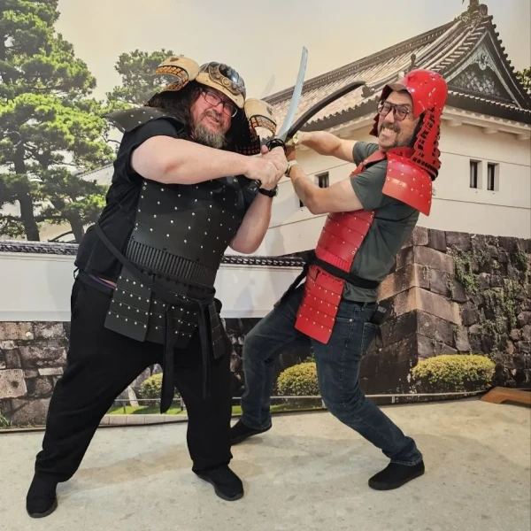 Cor and Torrey fighting as samurai