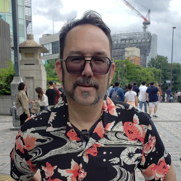 Me wearing a koi fish themed Hawaiian print